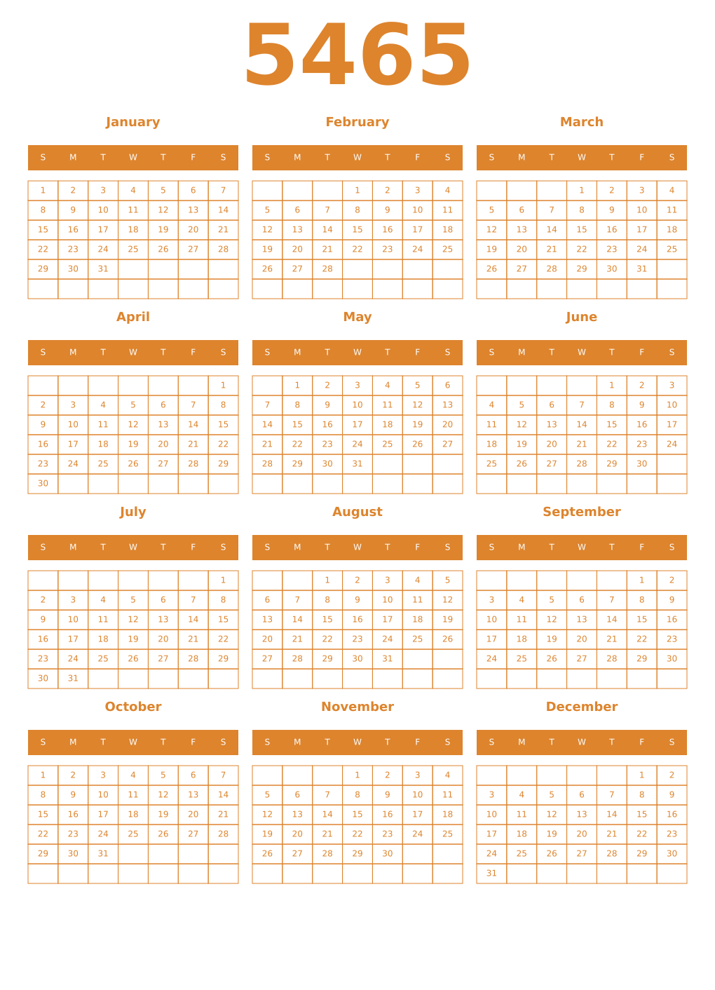 Printable 5465 Year Calendars orange