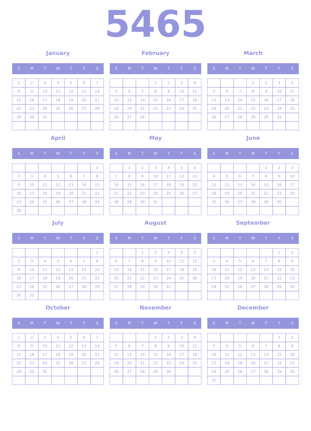 Printable 5465 Year Calendars periwinkle