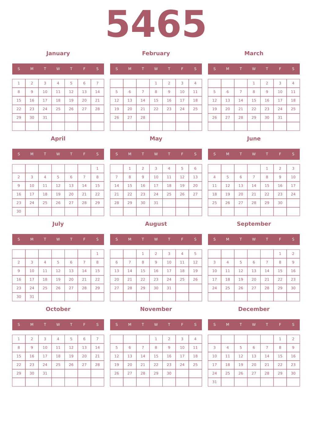 Printable 5465 Year Calendars puce