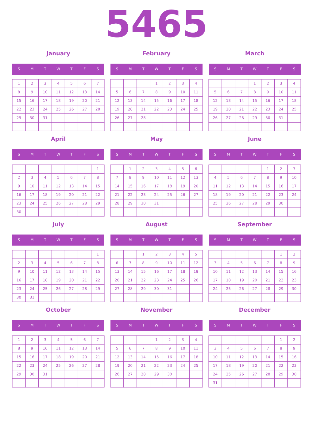Printable 5465 Year Calendars purple