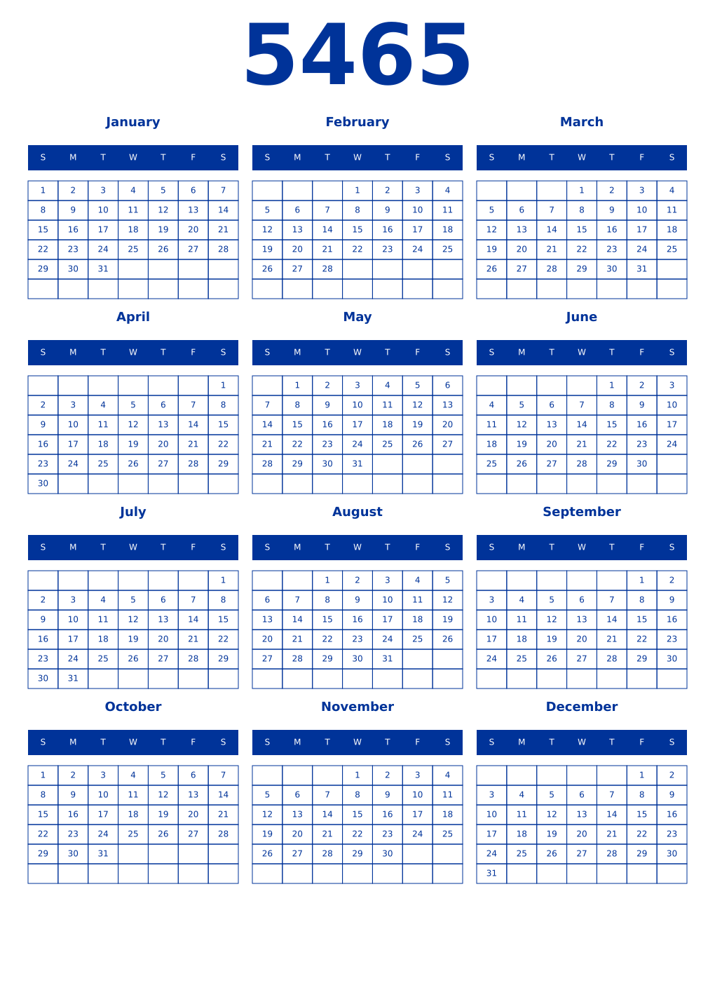 Printable 5465 Year Calendars smalt
