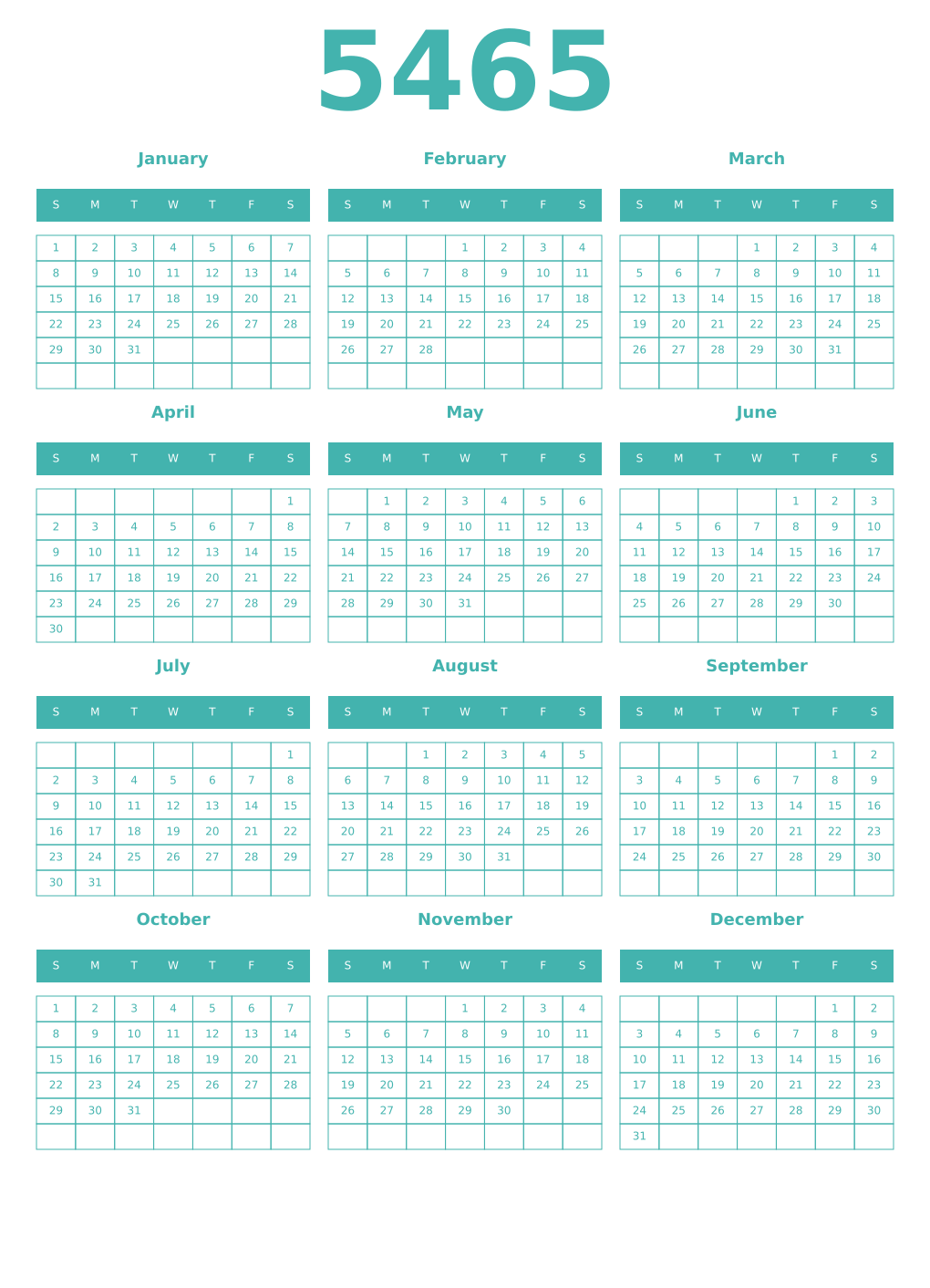 Printable 5465 Year Calendars verdigris