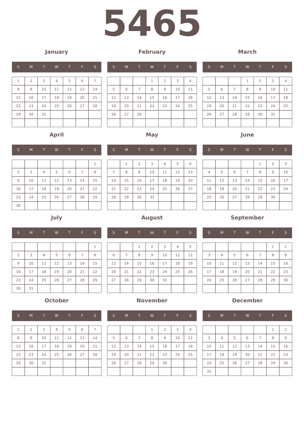 Printable 5465 Year Calendars wenge