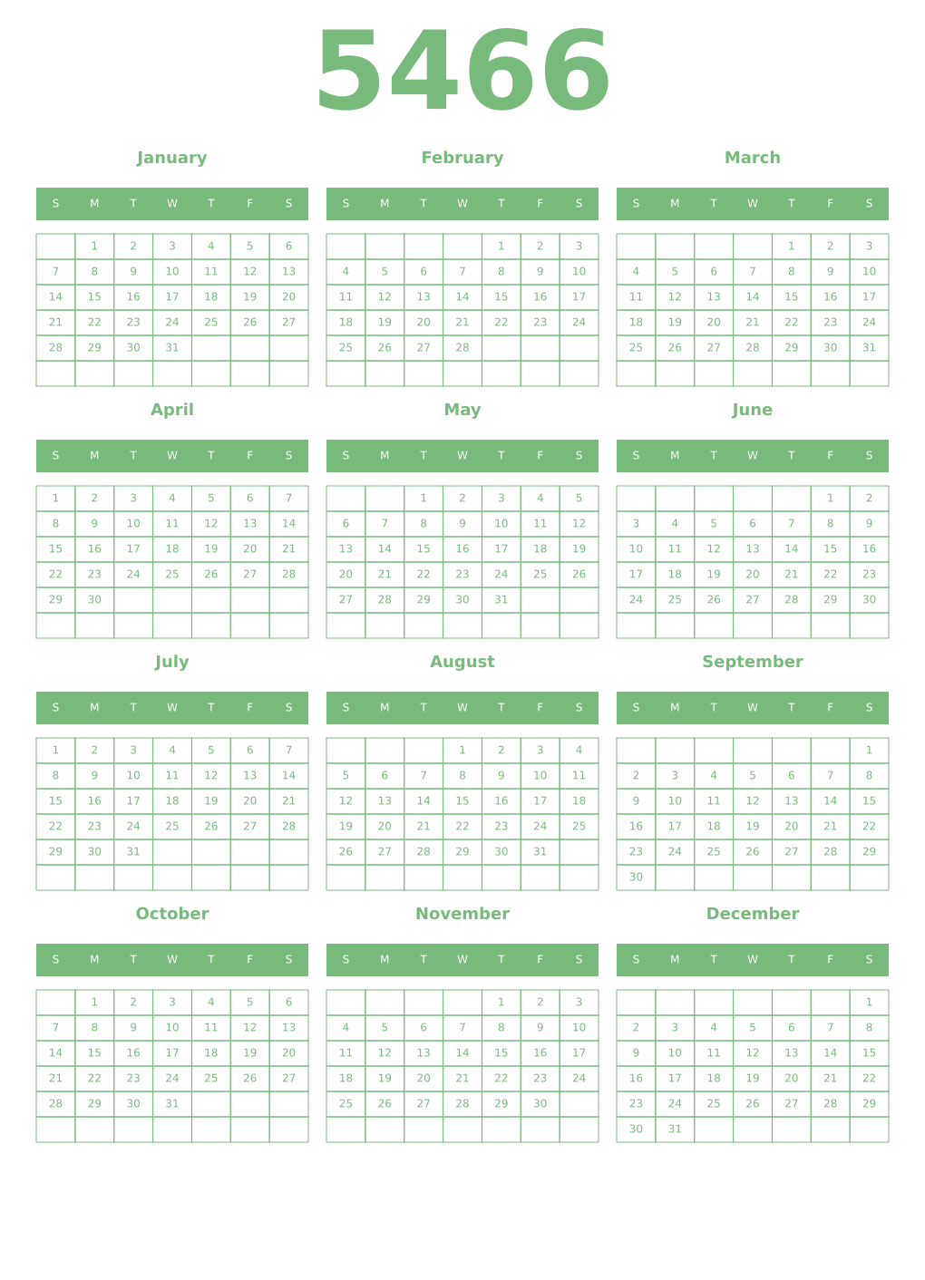Printable 5466 Year Calendars celadon