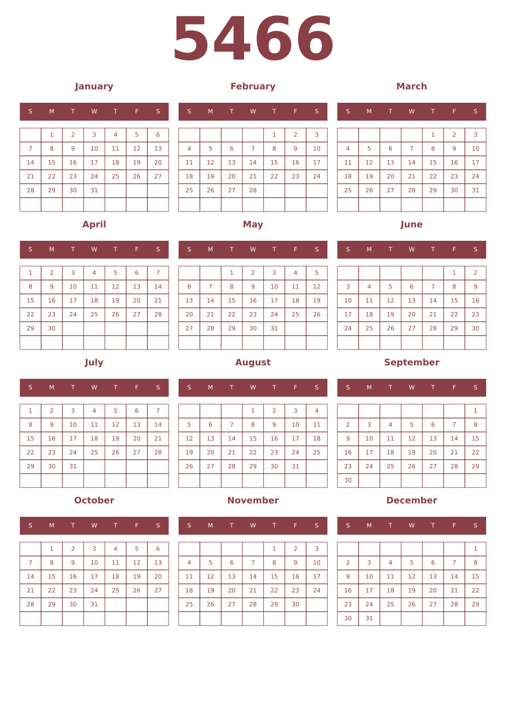 Printable 5466 Year Calendars cordovan