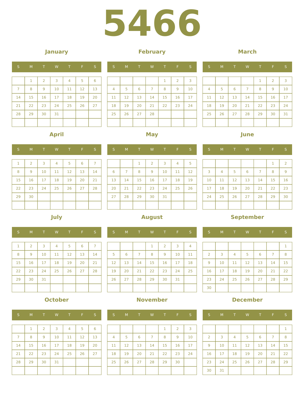 Printable 5466 Year Calendars eburnean