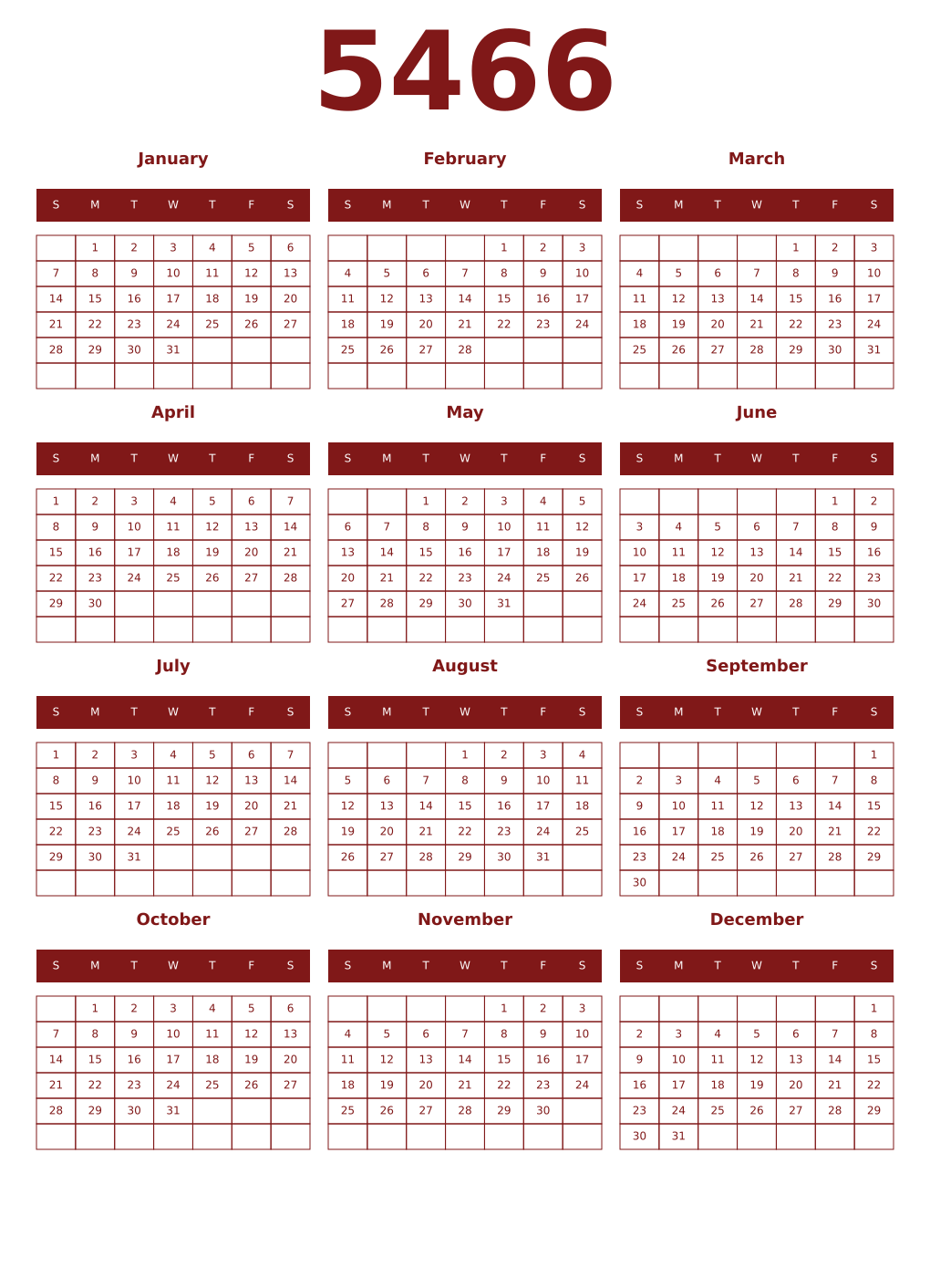 Printable 5466 Year Calendars falu