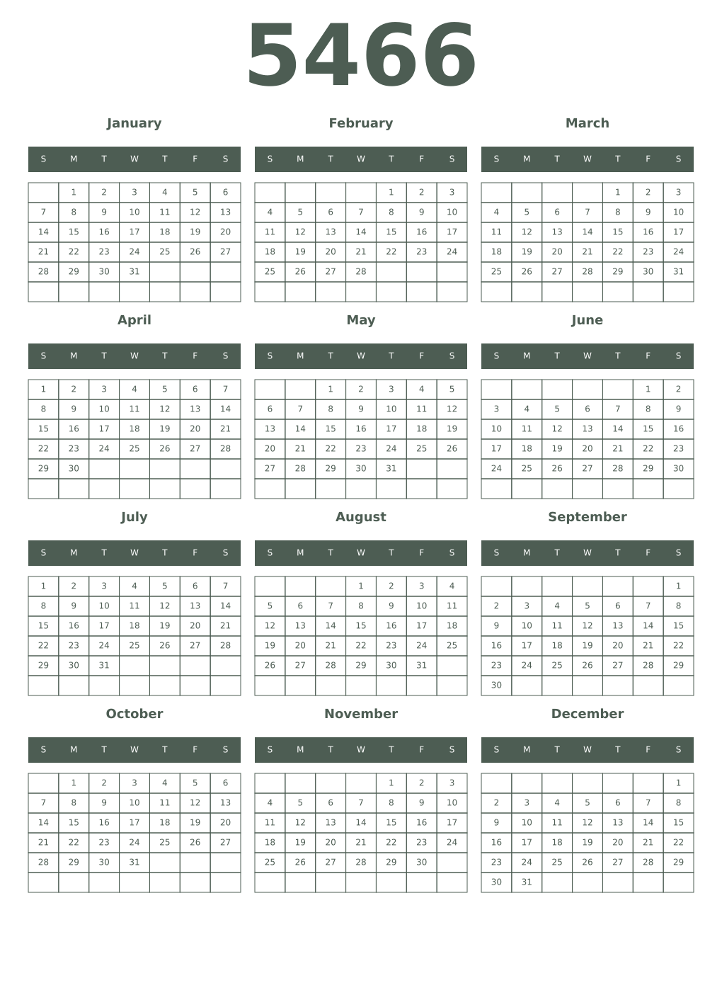 Printable 5466 Year Calendars feldgrau