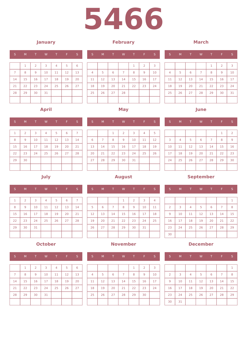 Printable 5466 Year Calendars puce