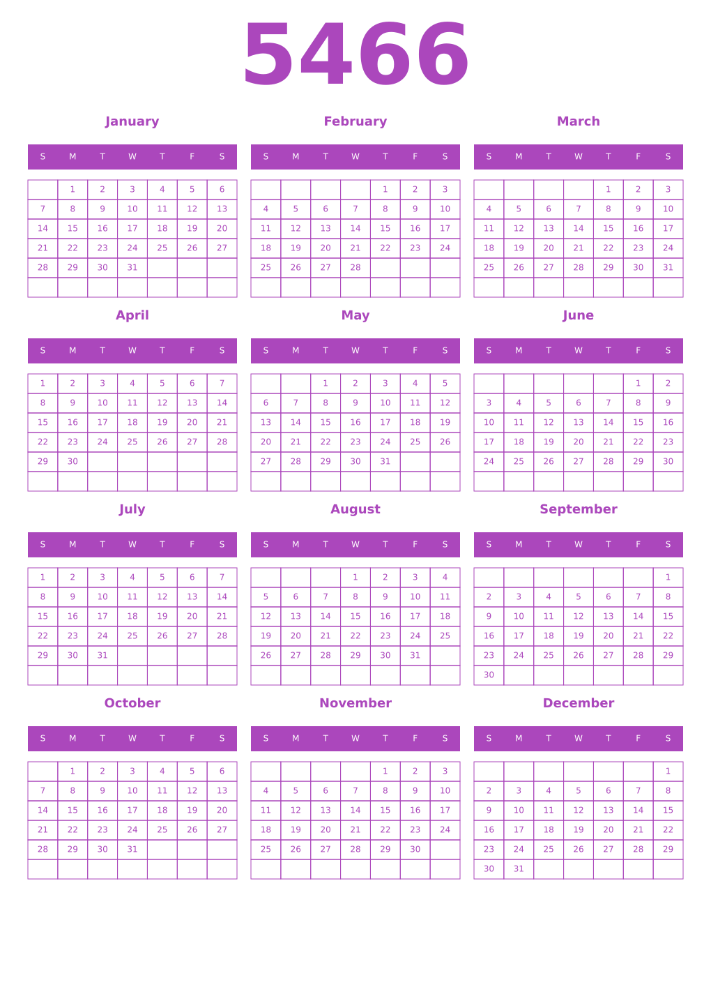 Printable 5466 Year Calendars purple