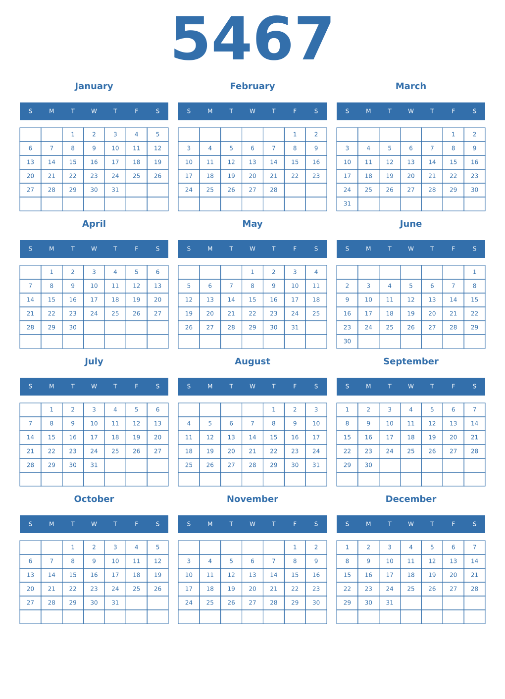 Printable 5467 Year Calendars blue