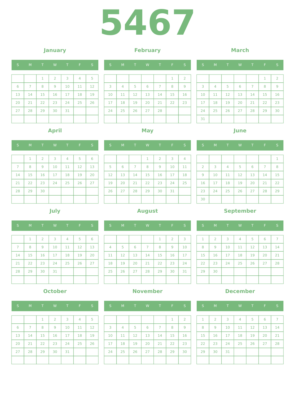 Printable 5467 Year Calendars celadon