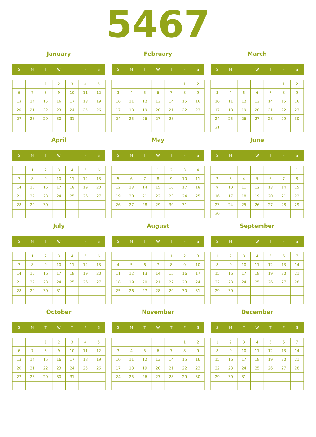 Printable 5467 Year Calendars chartreuse