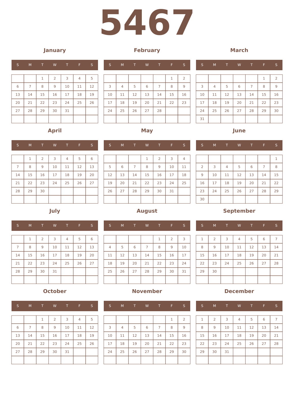 Printable 5467 Year Calendars coffe