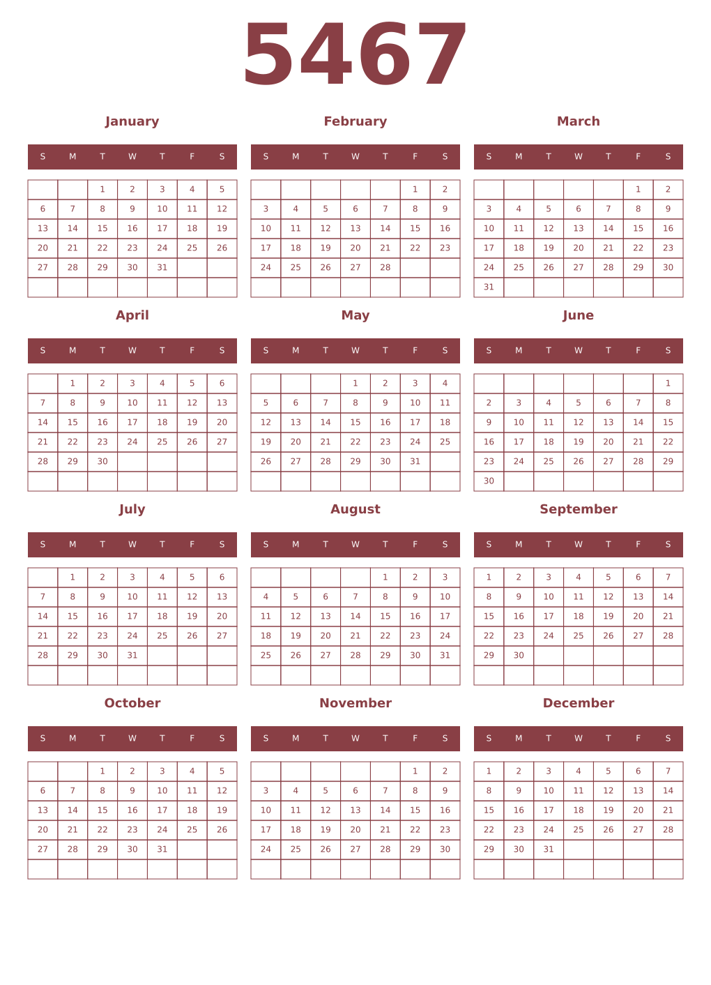 Printable 5467 Year Calendars cordovan