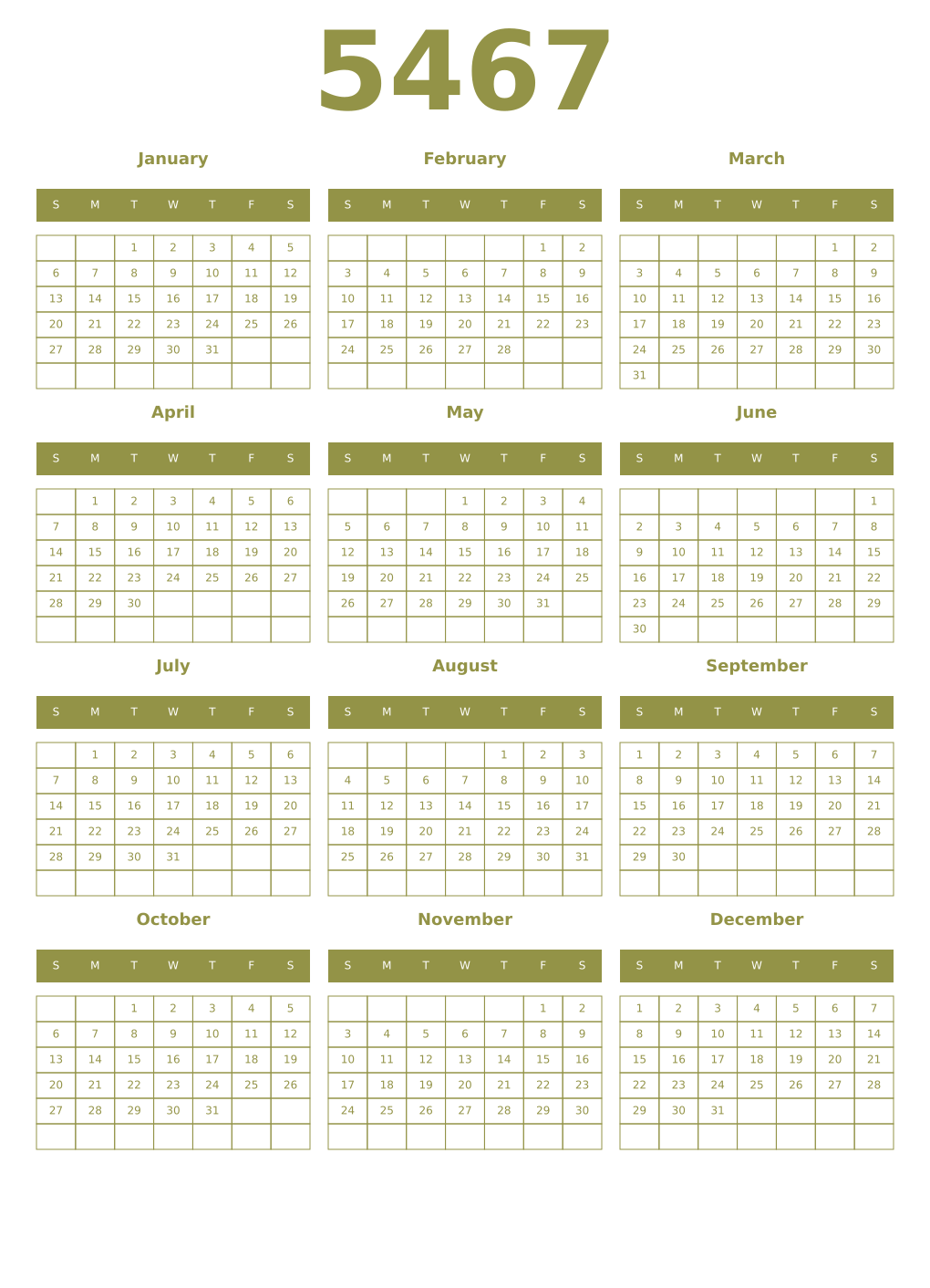 Printable 5467 Year Calendars eburnean