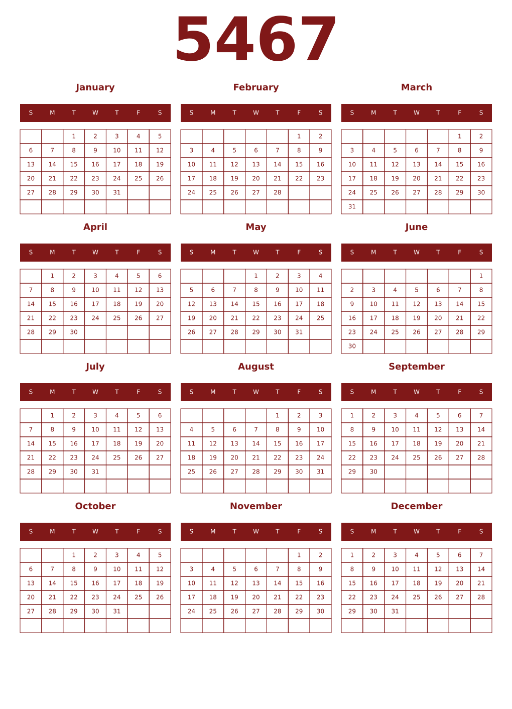 Printable 5467 Year Calendars falu