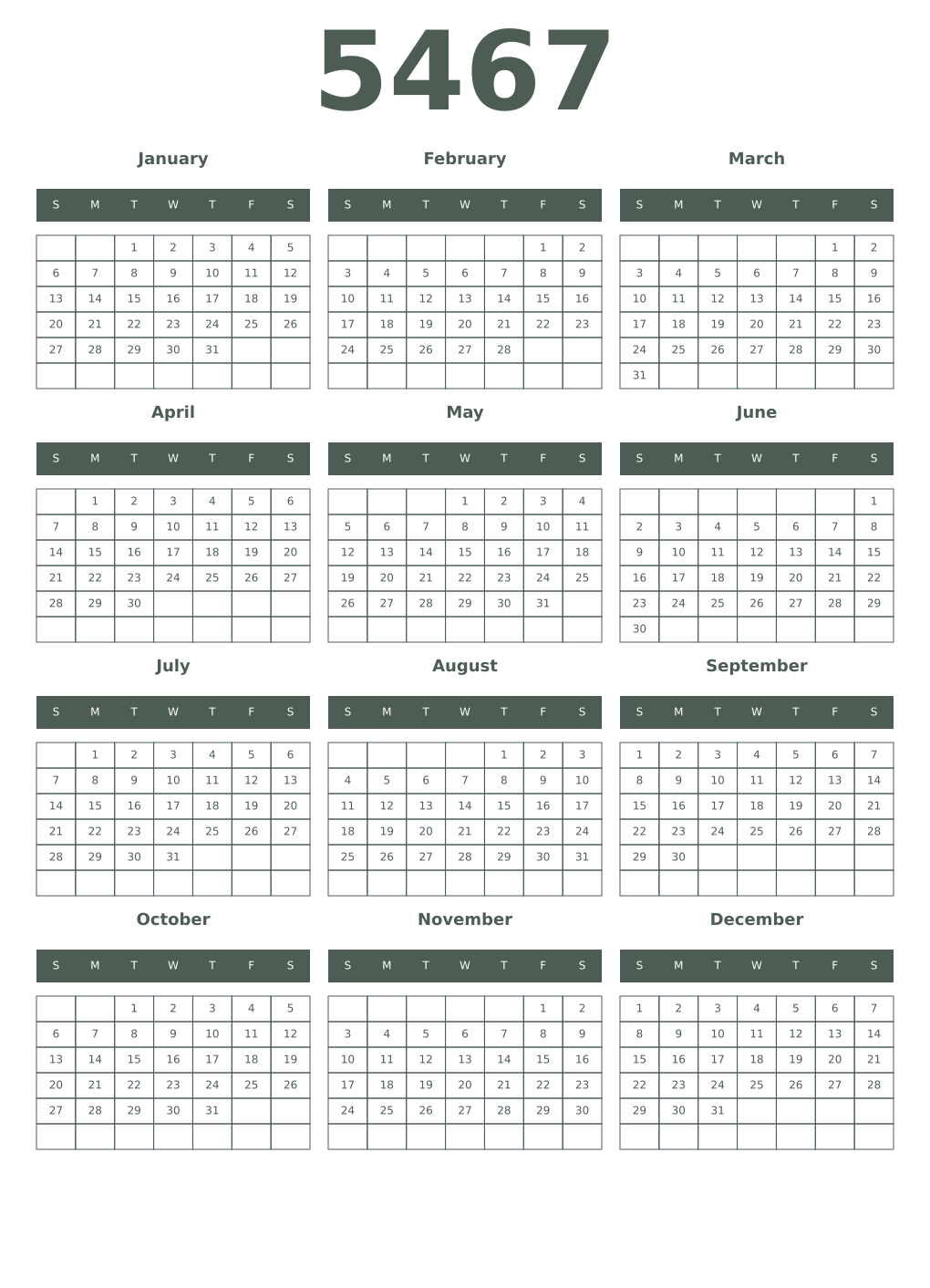 Printable 5467 Year Calendars feldgrau