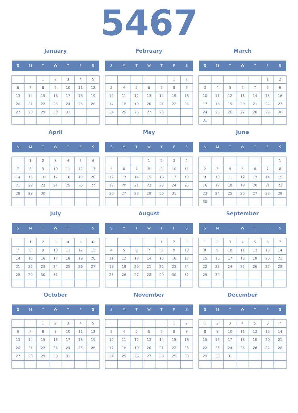 Printable 5467 Year Calendars glaucous