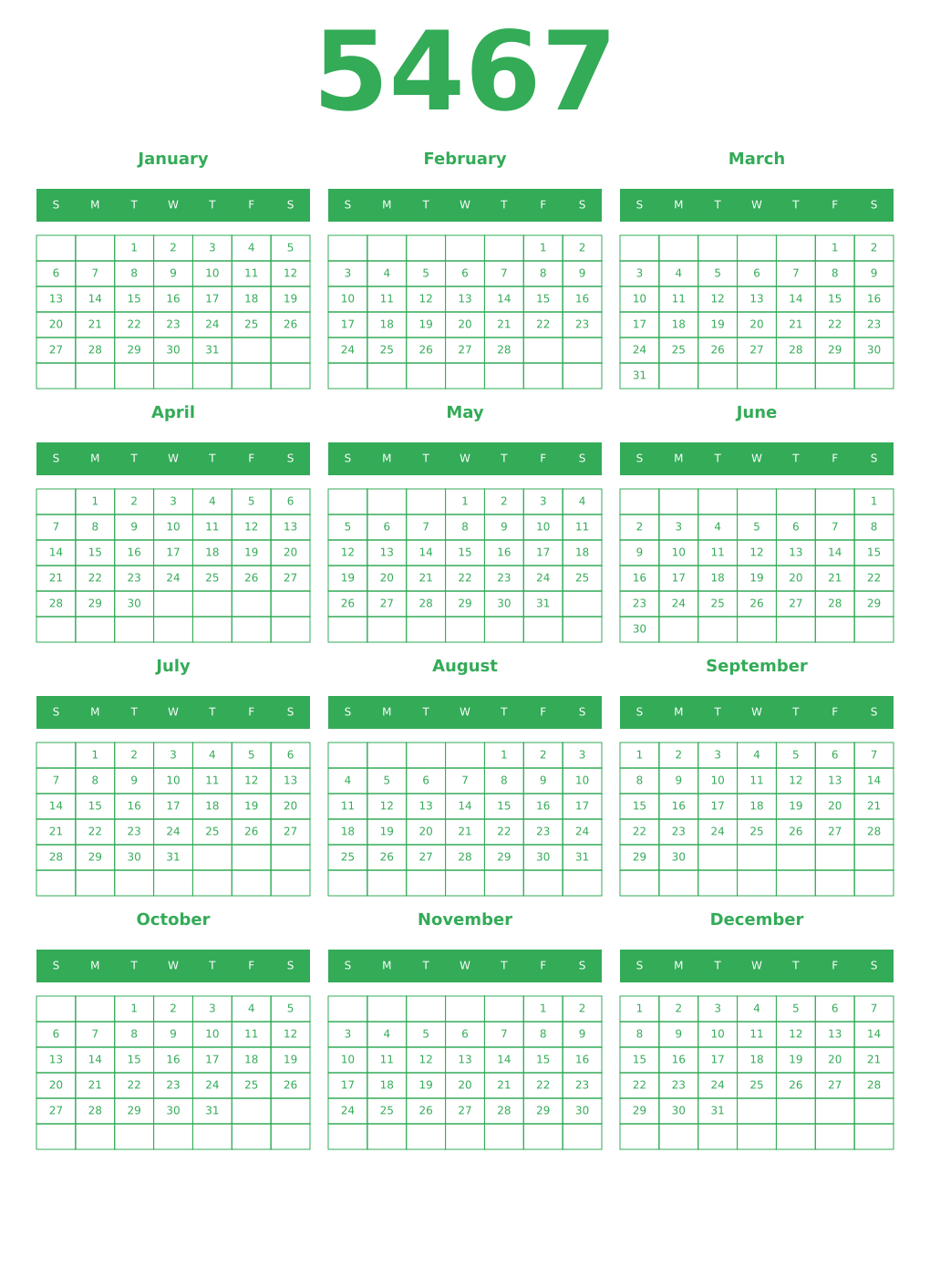 Printable 5467 Year Calendars green