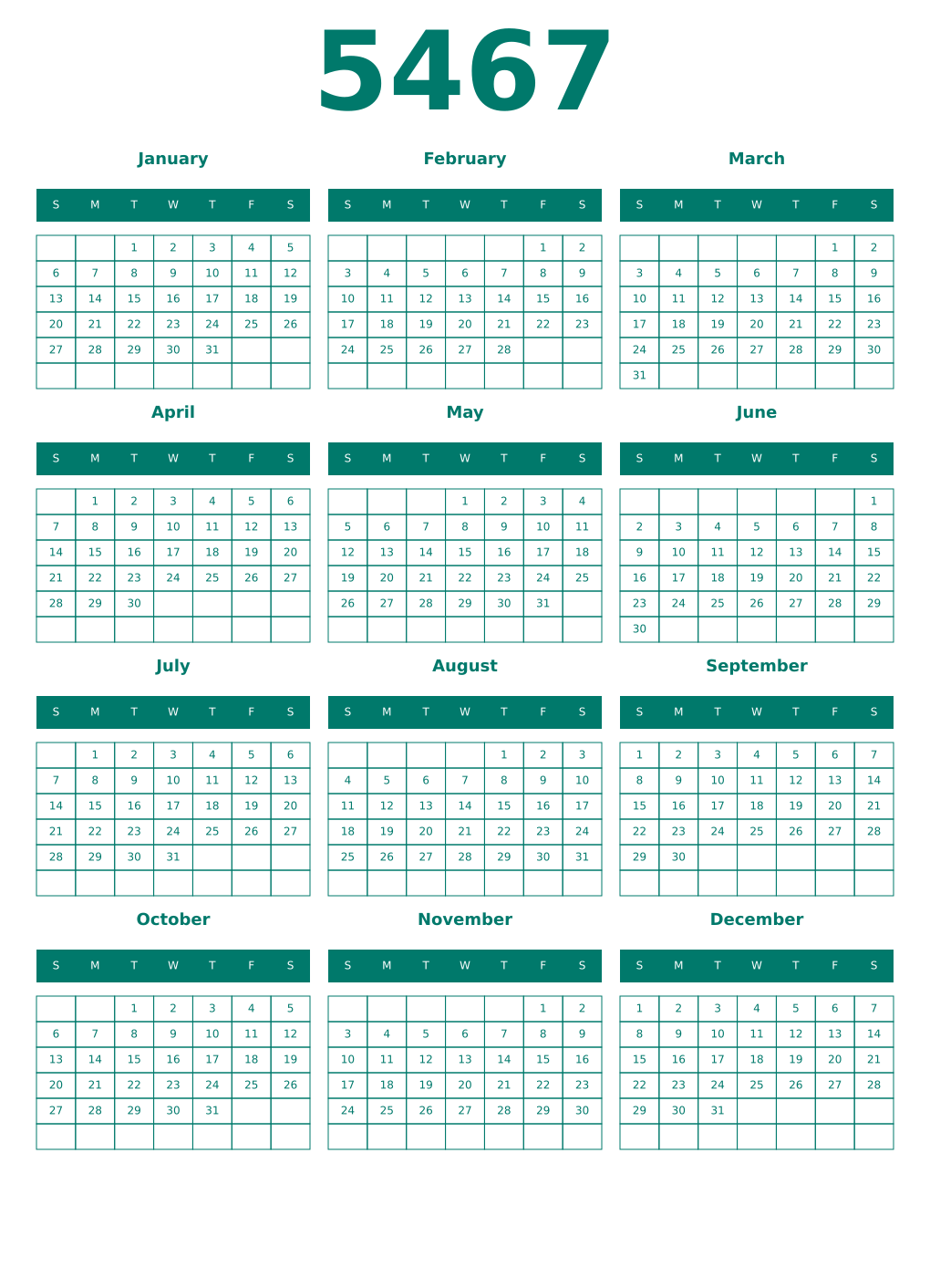 Printable 5467 Year Calendars pastel
