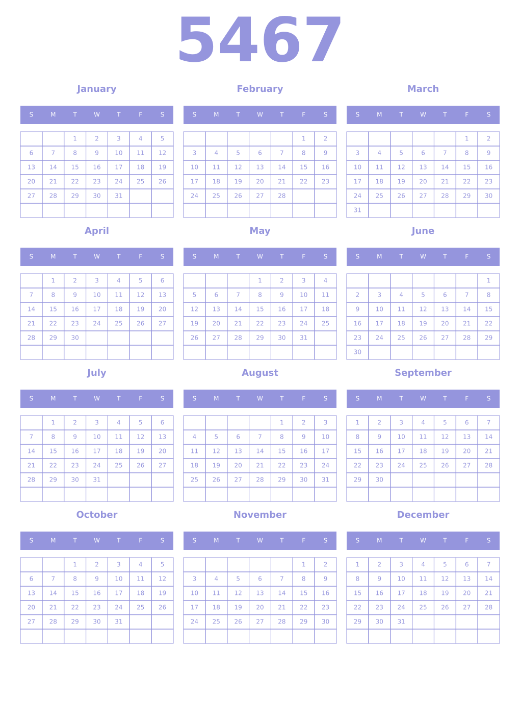 Printable 5467 Year Calendars periwinkle