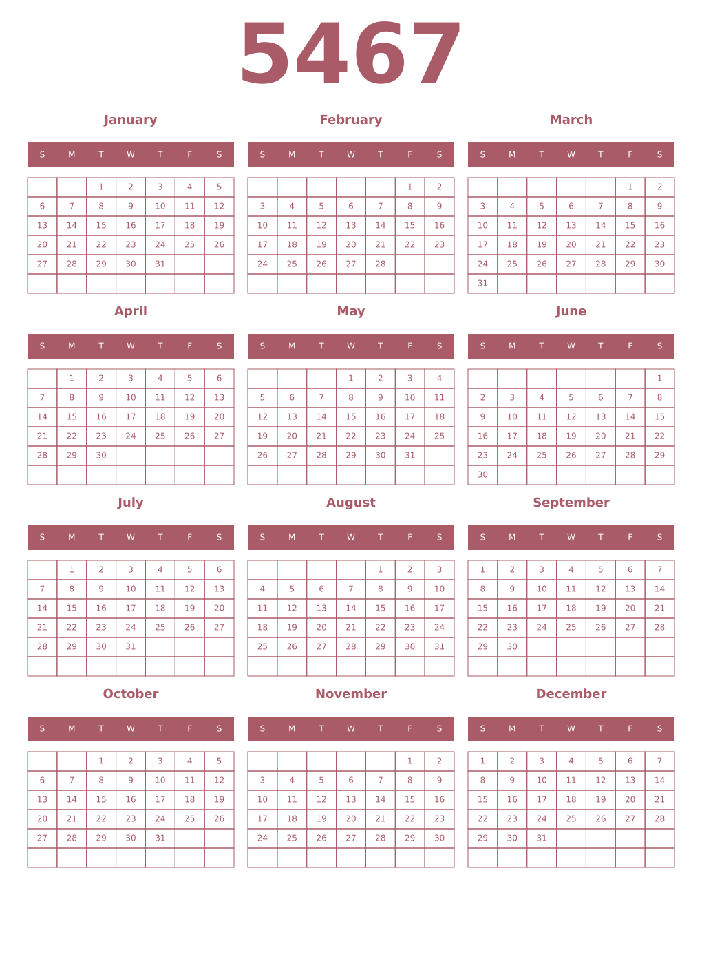 Printable 5467 Year Calendars puce