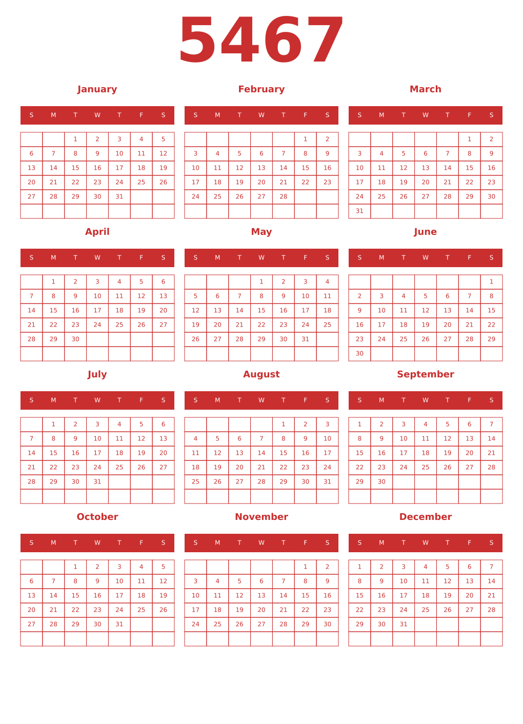 Printable 5467 Year Calendars red