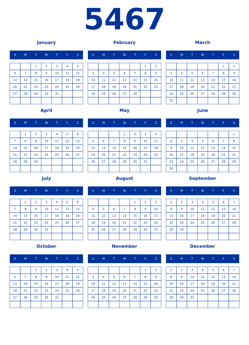Printable 5467 Year Calendars smalt