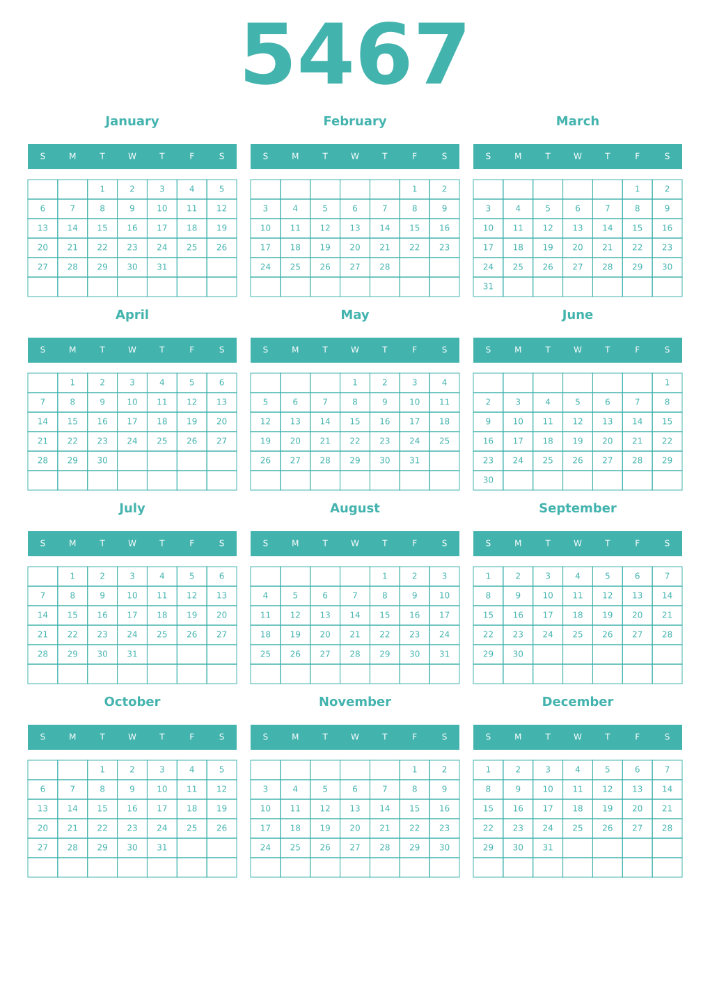 Printable 5467 Year Calendars verdigris