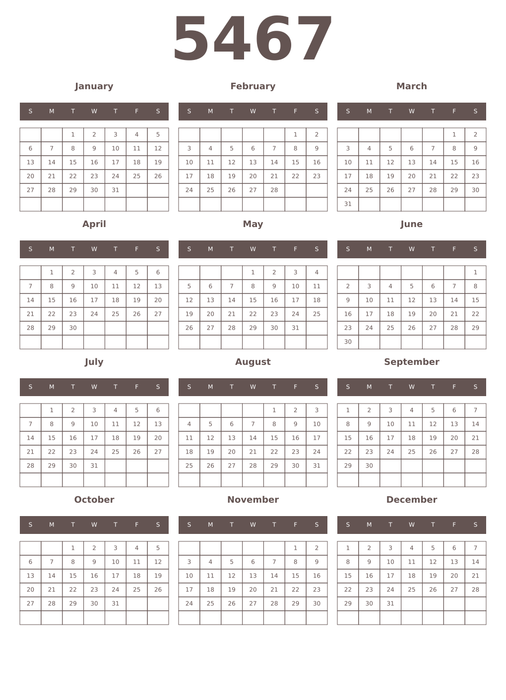 Printable 5467 Year Calendars wenge