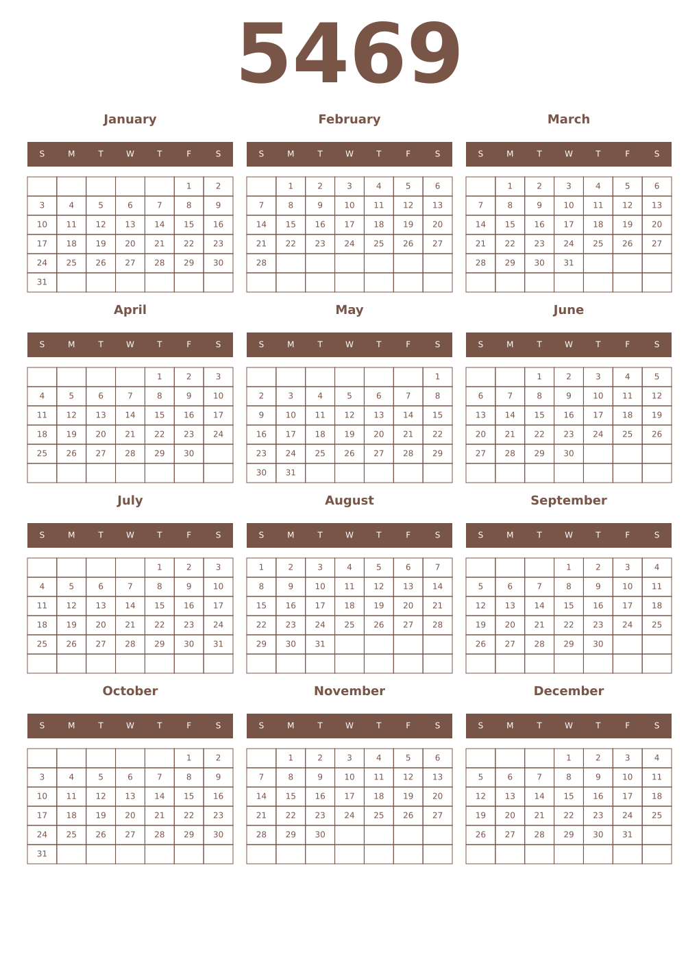 Printable 5469 Year Calendars coffe