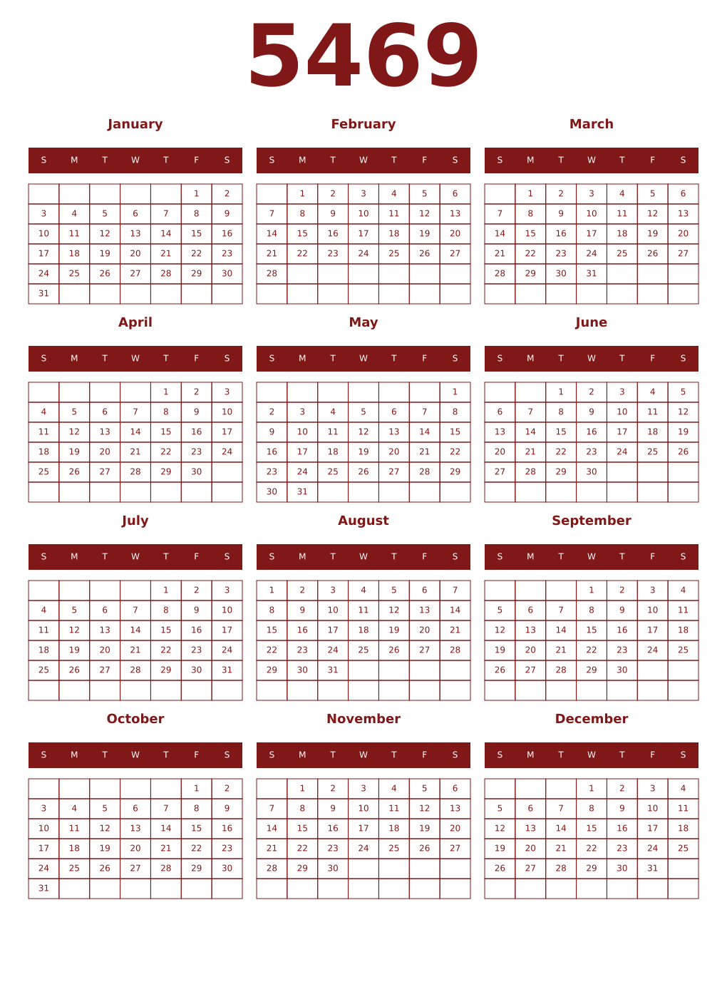 Printable 5469 Year Calendars falu