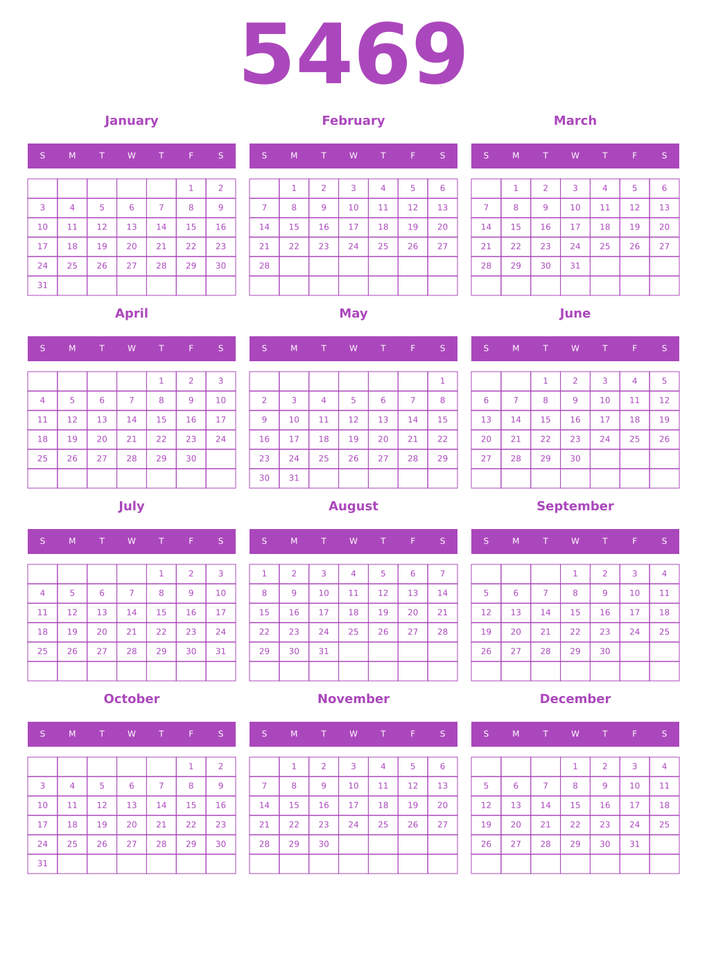 Printable 5469 Year Calendars purple