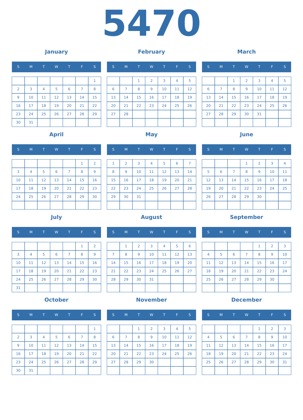 Printable 5470 Year Calendars blue