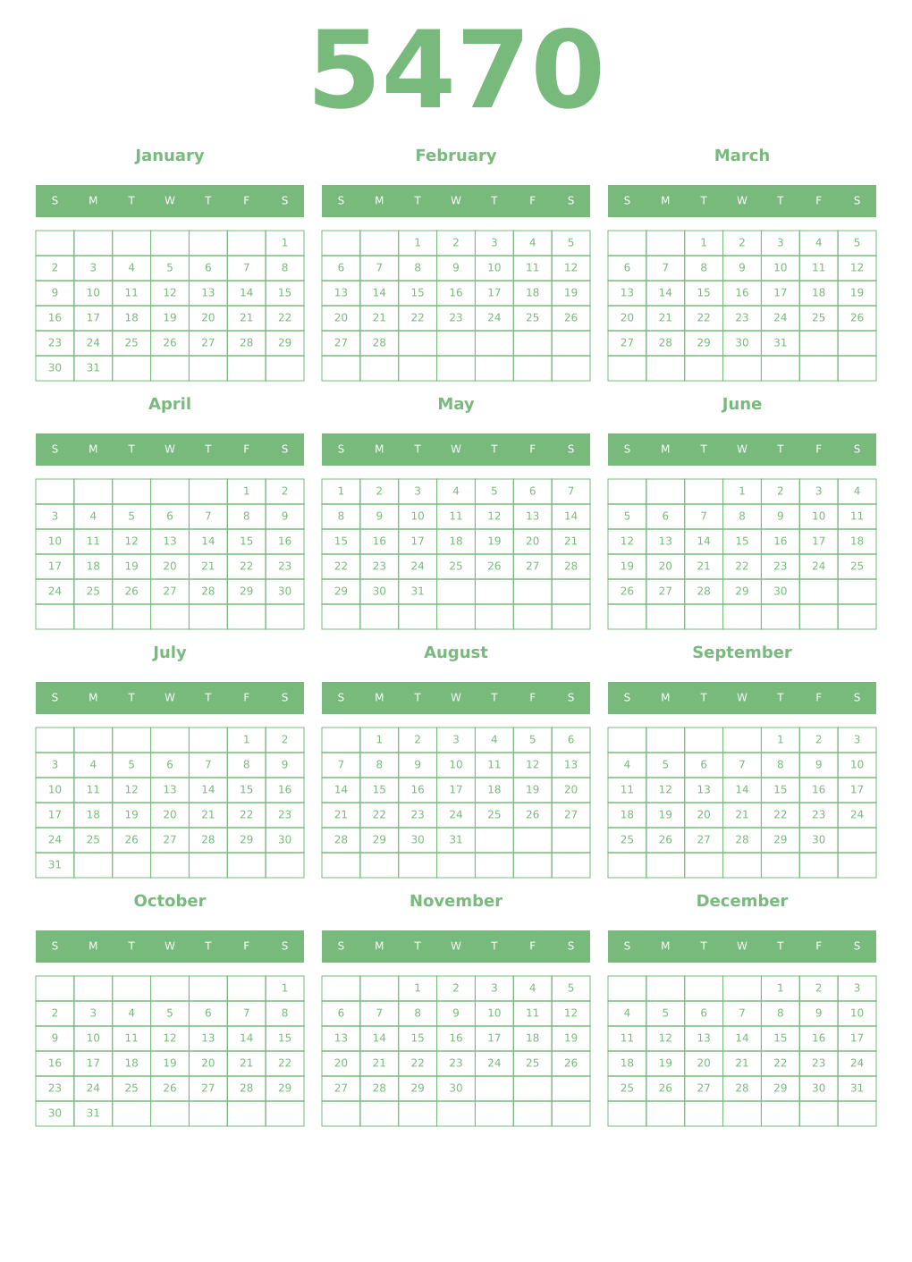 Printable 5470 Year Calendars celadon