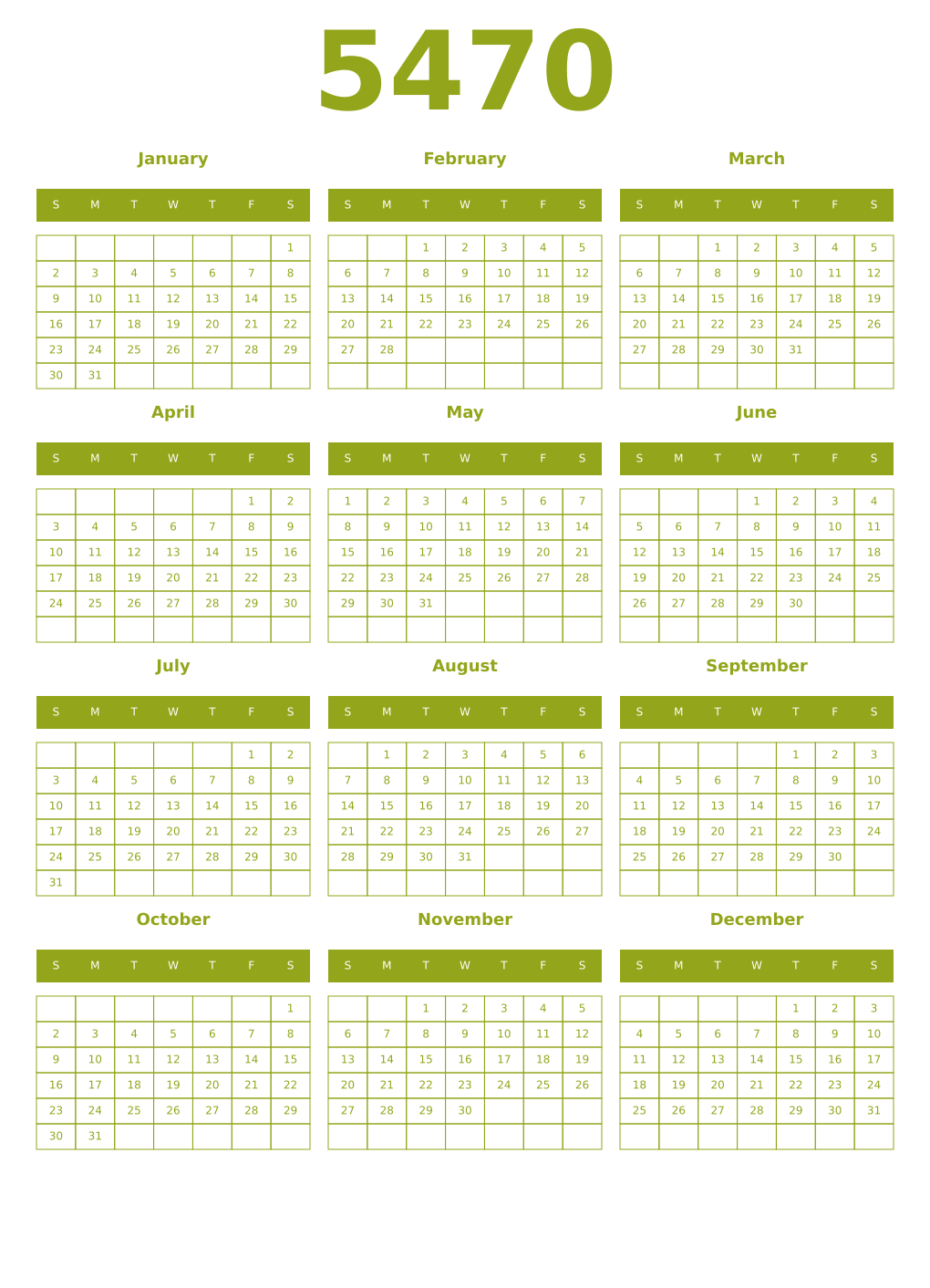 Printable 5470 Year Calendars chartreuse