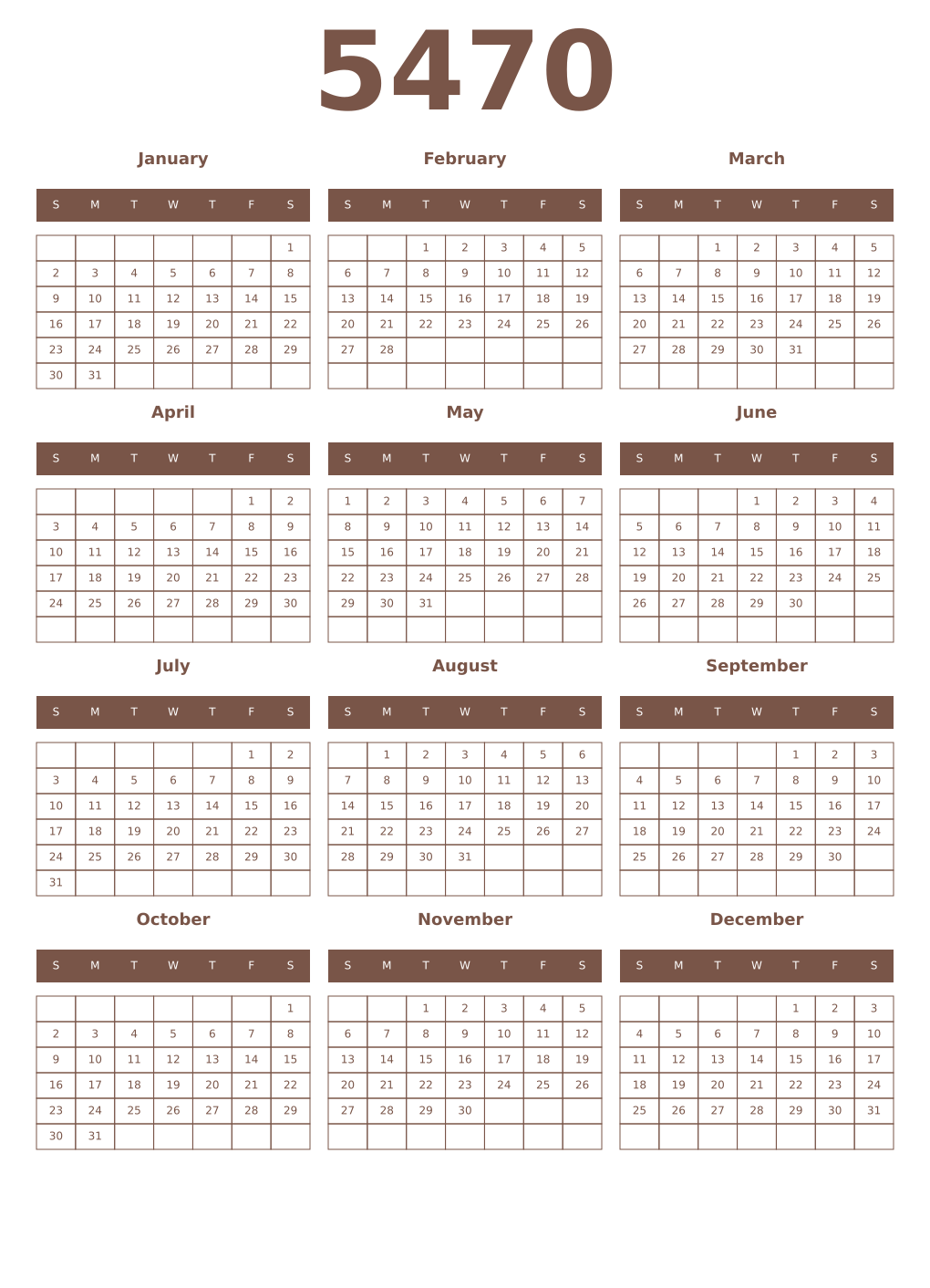 Printable 5470 Year Calendars coffe