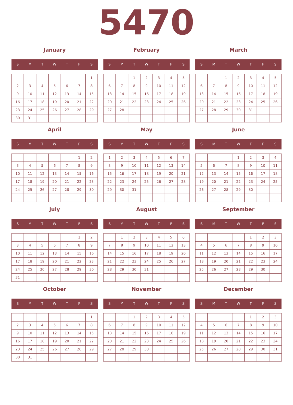 Printable 5470 Year Calendars cordovan