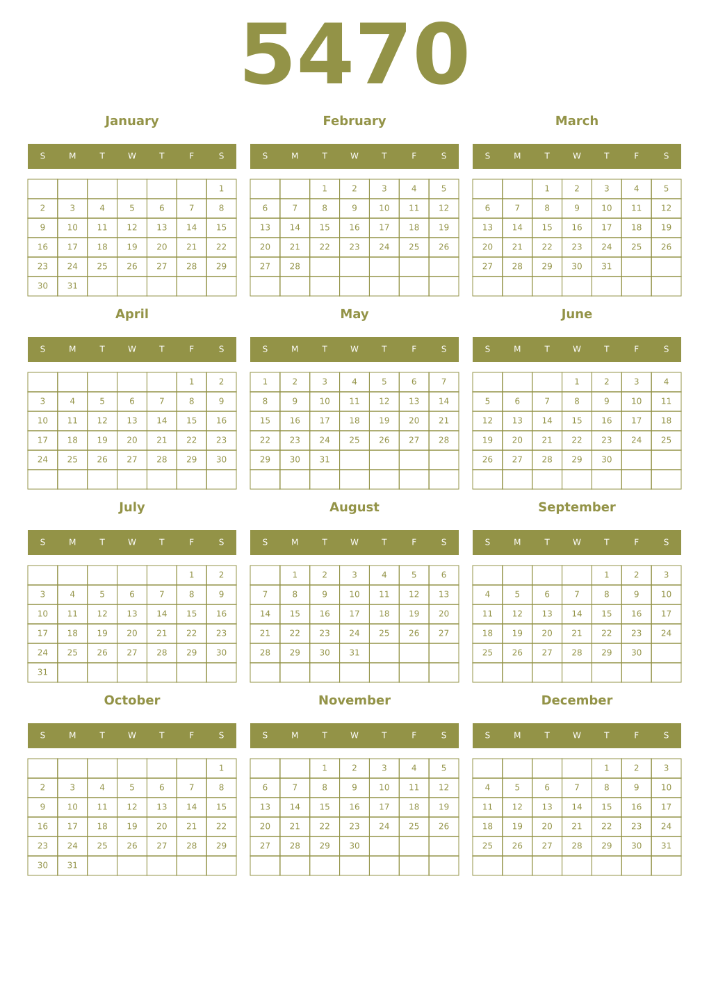 Printable 5470 Year Calendars eburnean