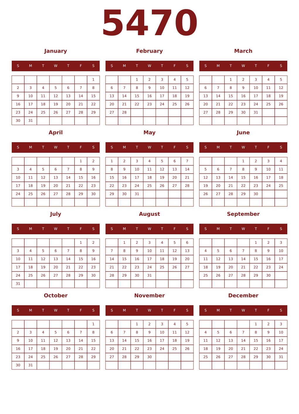 Printable 5470 Year Calendars falu