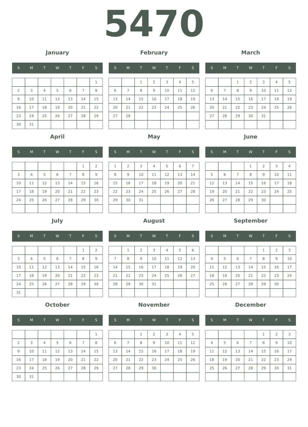 Printable 5470 Year Calendars feldgrau
