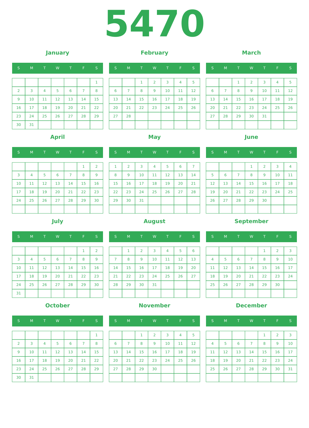 Printable 5470 Year Calendars green