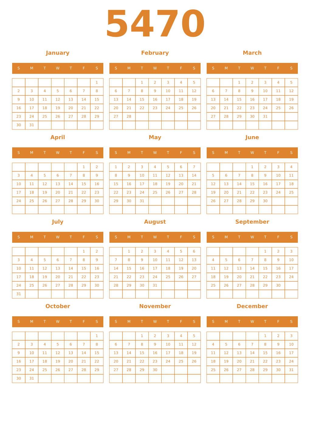 Printable 5470 Year Calendars orange