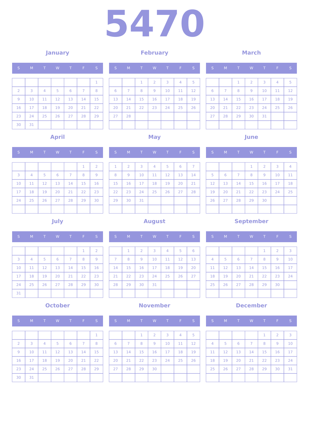 Printable 5470 Year Calendars periwinkle