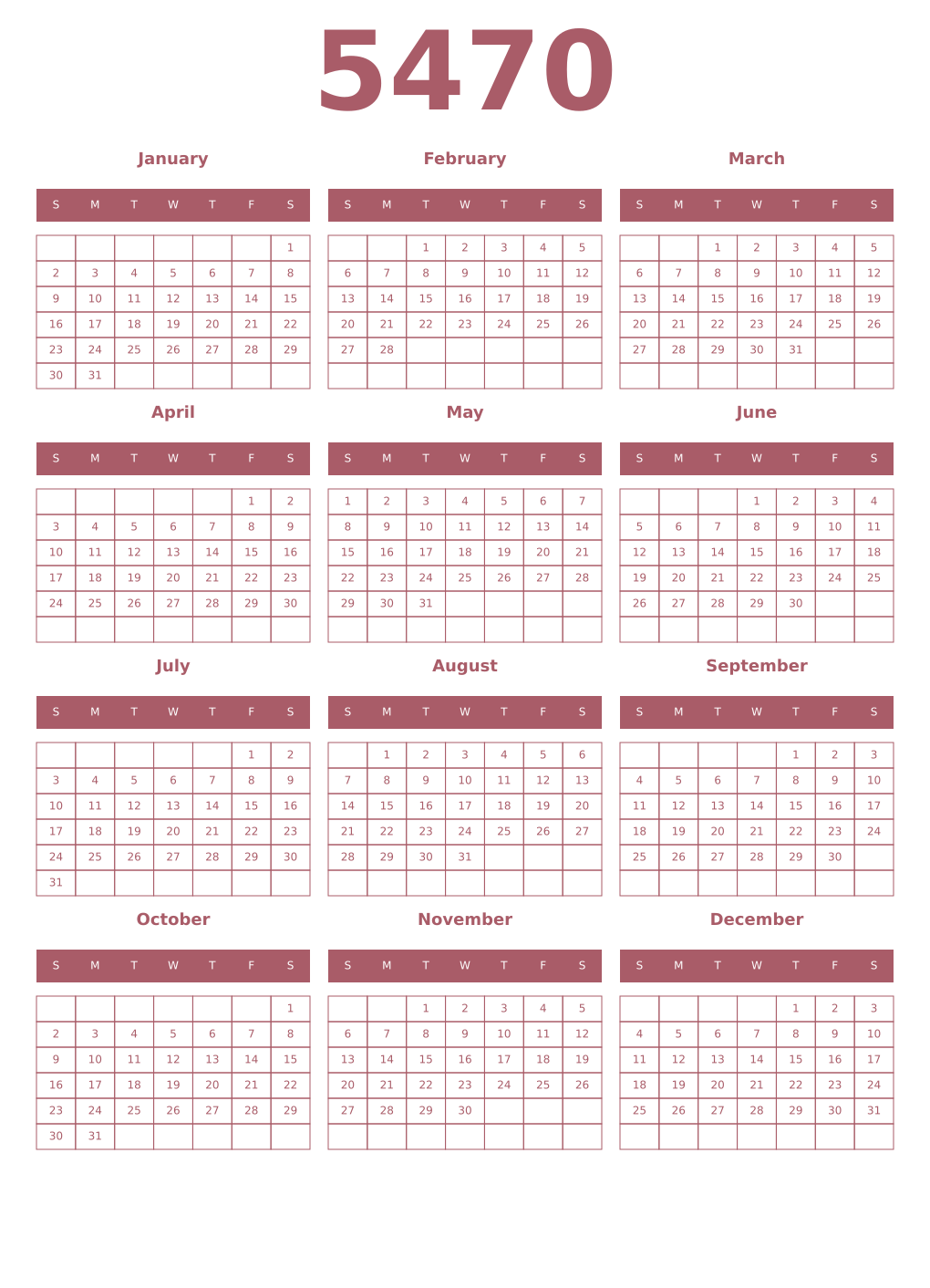 Printable 5470 Year Calendars puce