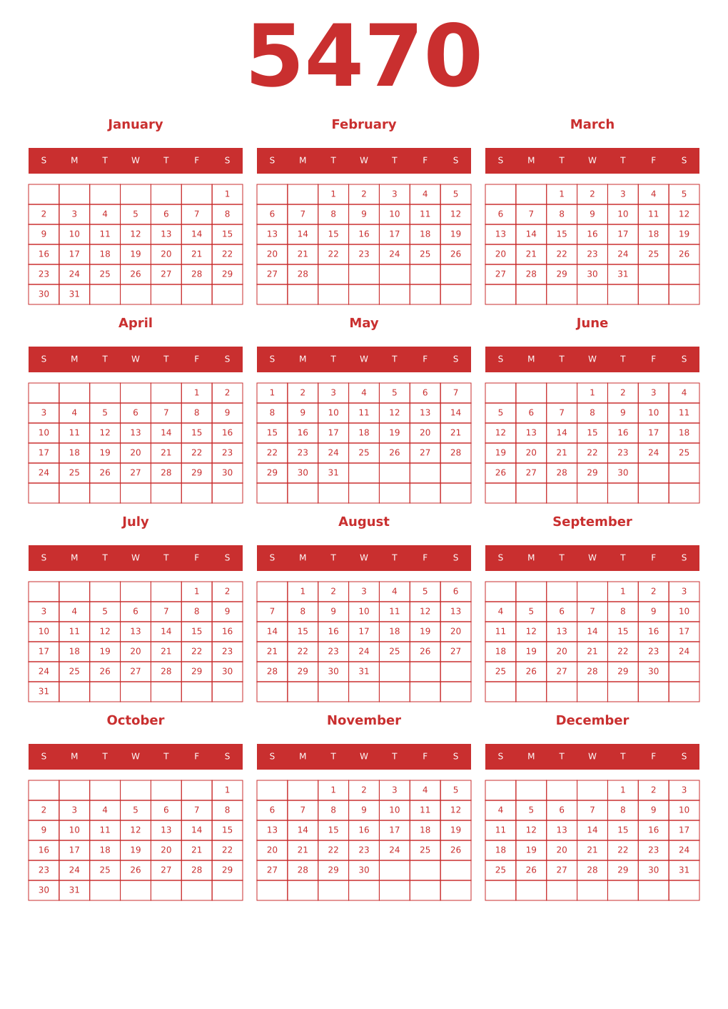 Printable 5470 Year Calendars red
