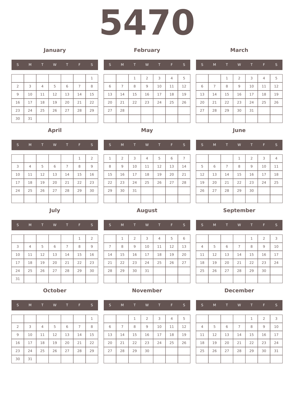 Printable 5470 Year Calendars wenge