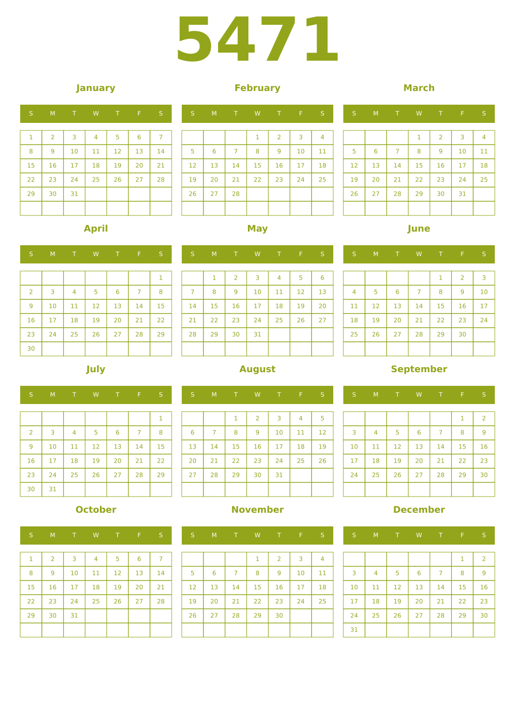 Printable 5471 Year Calendars chartreuse