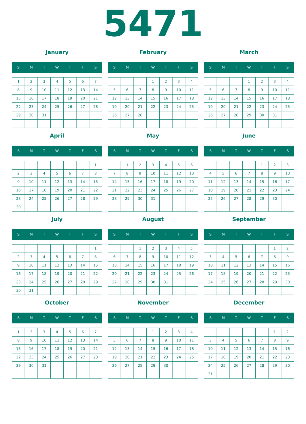 Printable 5471 Year Calendars pastel